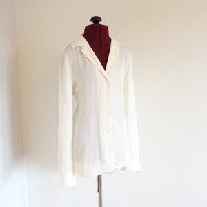 Quince White V-Neck Silk Long Sleeve Button Down Shirt